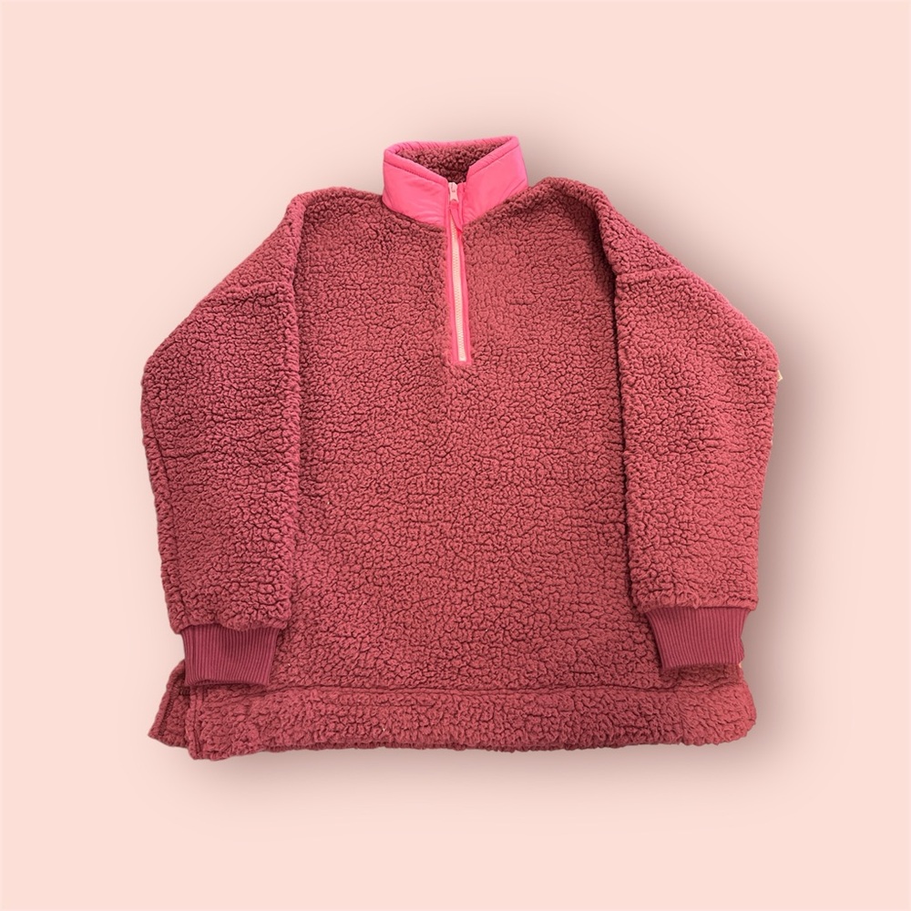 NWT Aerie Oversized Fleece Quarter Zip Pullover - Size XS Maroon/Pink
